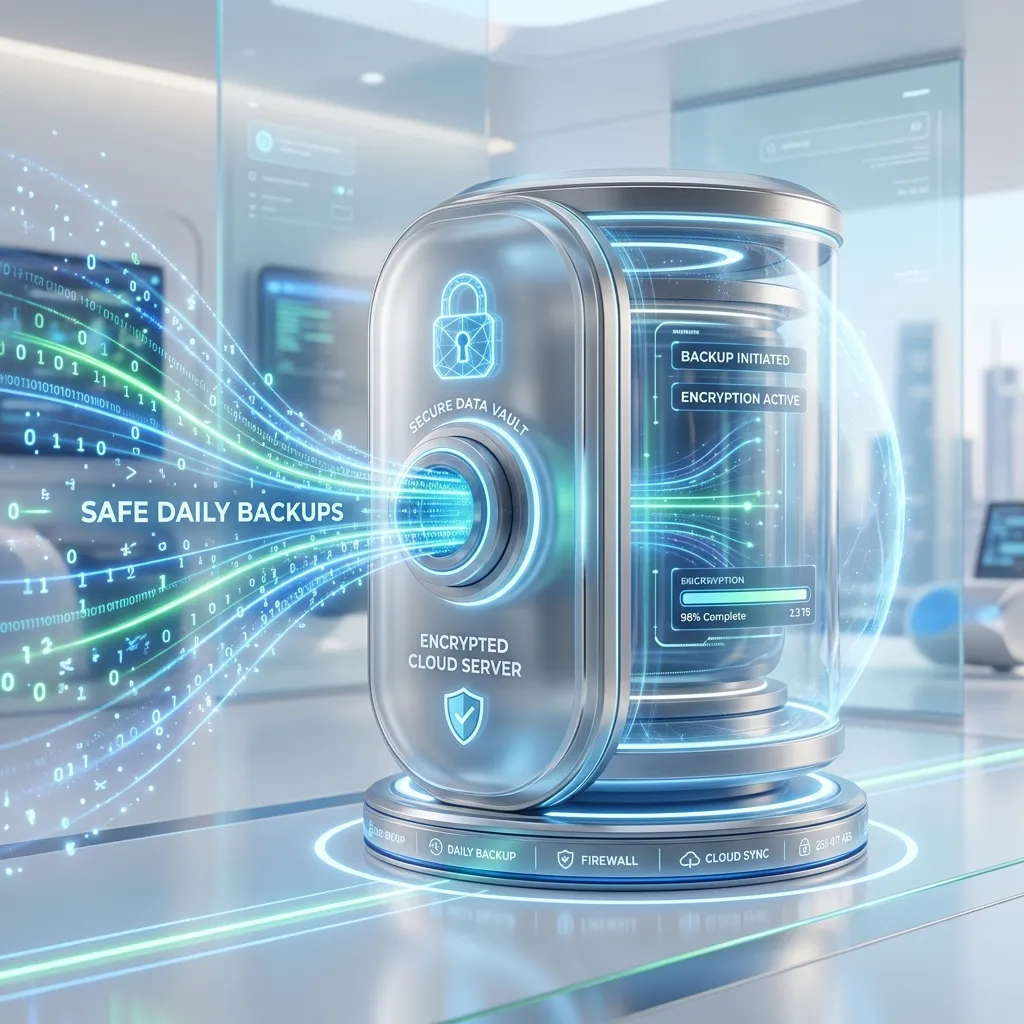 Sleek 3D illustration of a secure digital vault and cloud server with glowing data streams representing safe remote backups