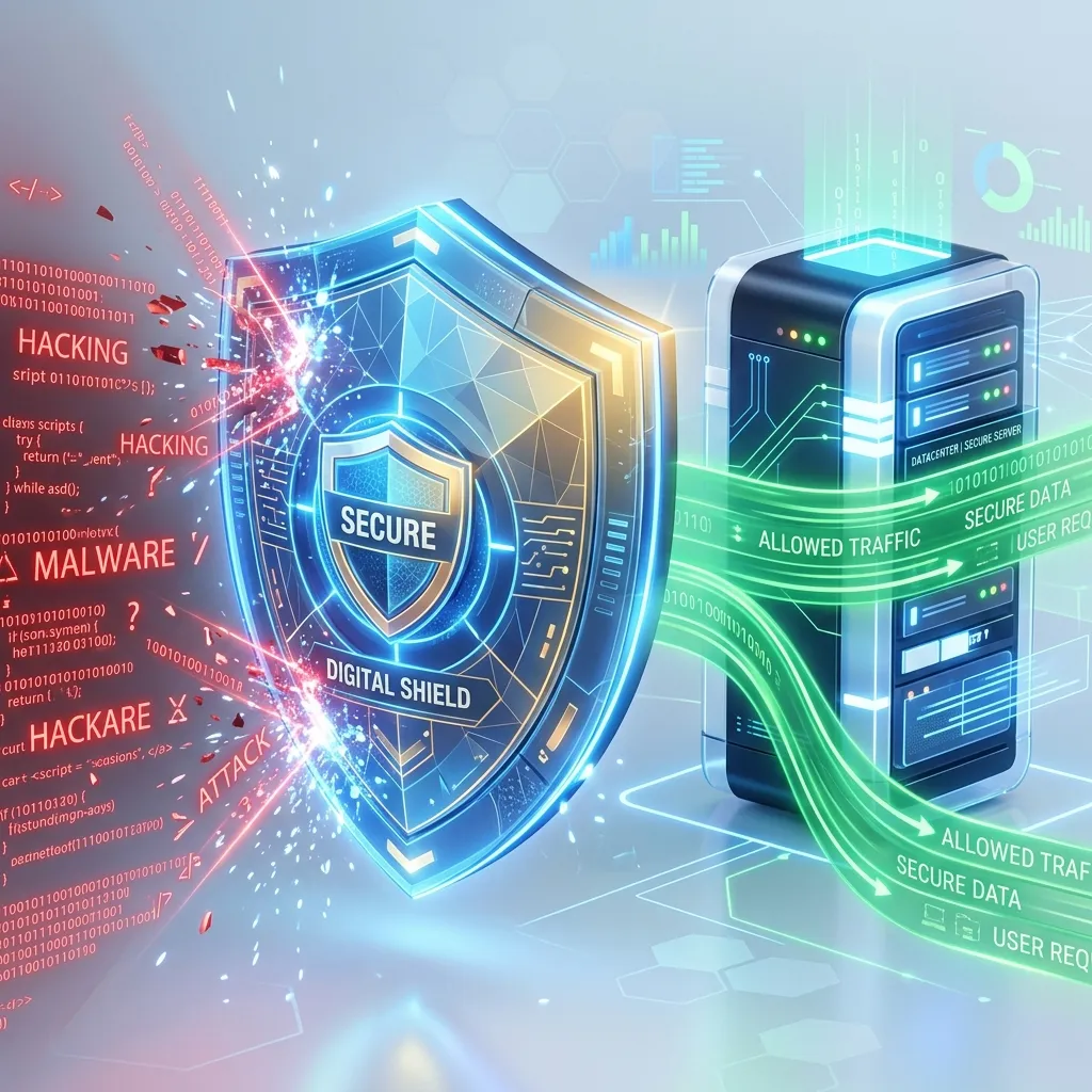 Premium 3D illustration of a modern digital shield blocking malicious code from a secure server