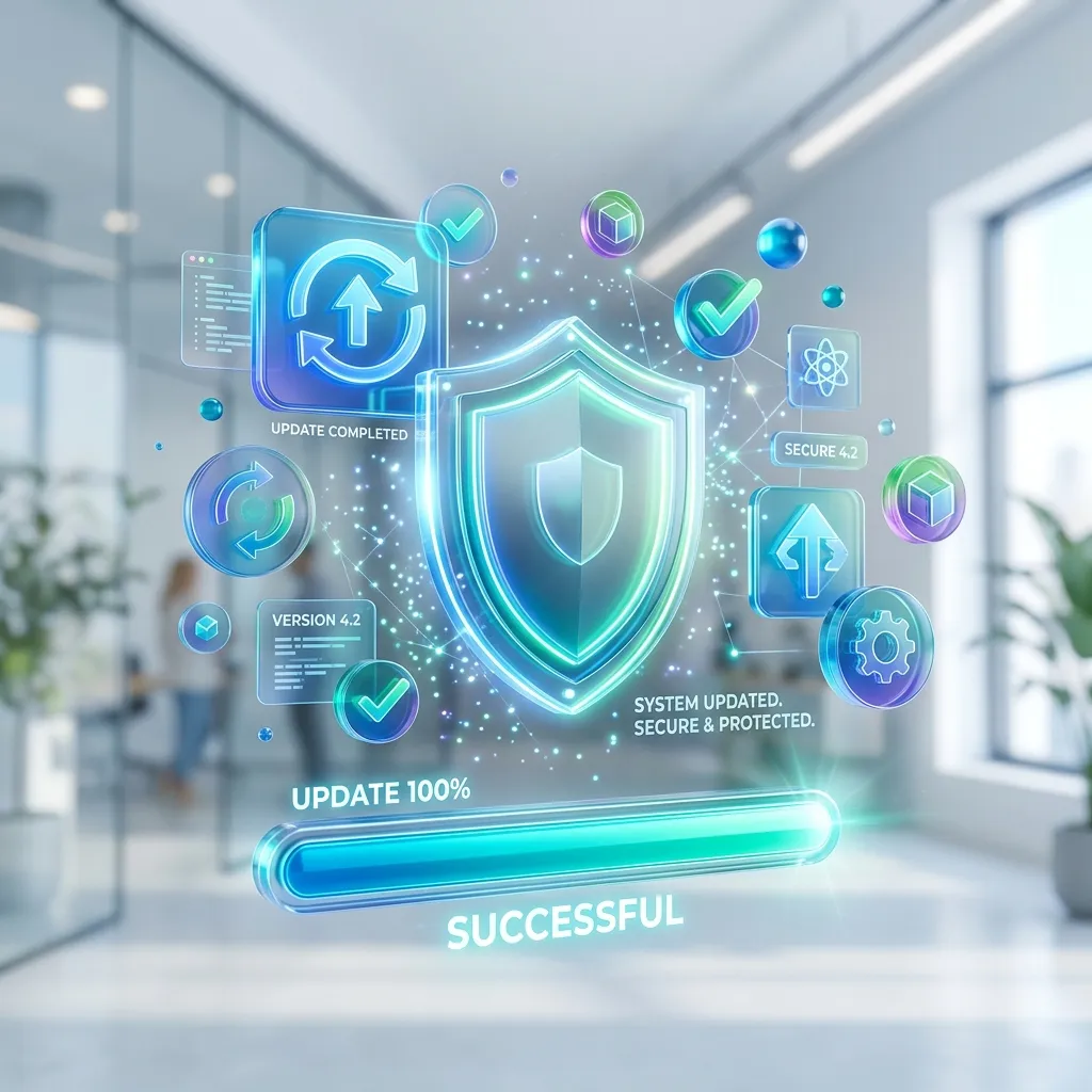 Dynamic 3D visual of floating software update icons and sleek progress bars hitting 100 percent