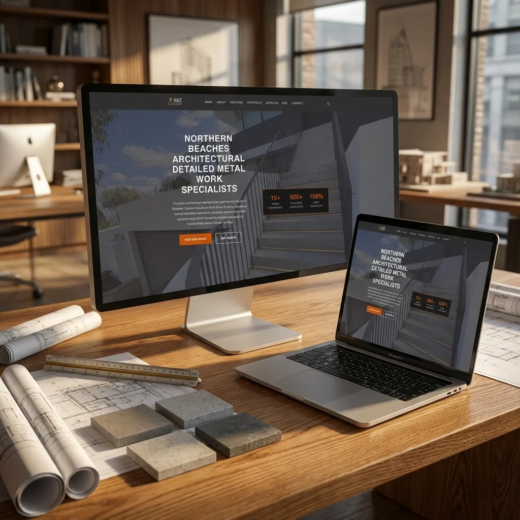 A&E Metal Craft Website on Apple Devices in an architectural office setting